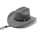 Detailansicht eines grauen Cowboyhuts aus Filz mit dekorativem schwarzen Schnallenband - Schnalle Gürtel Stil / Grau