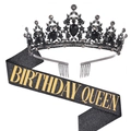 Birthday Queen set with black rhinestone crown tiara and shimmering black gold sash - Black & Gold (Queen)