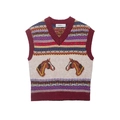Burgundy V-neck knitted vest featuring vintage horse pattern and jacquard details - S / Wine Red/Multicolor Jacquard