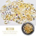 Detail of B03 gold metal star and moon nail rivets with sparkling crystal rhinestones - B03-Star Moon Rhinestone
