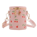 Pink cherry print bucket bag for girls with golden hardware and floral zipper detail - Pink