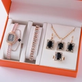 Elegant rose gold jewelry gift set with watch, necklace, and earrings in a luxury box - Rose Gold Black Gem Watch Jewelry Set (2)
