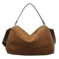 Brown faux suede large tote bag with dark brown leather straps and gold hardware detail - Brown