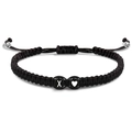 Black woven friendship bracelet with white letter X and heart bead, adjustable pull cord - Letter X-Black White Heart