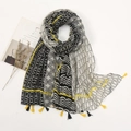 Cotton linen long scarf featuring black grey geometric patterns and yellow fringe tassel - Black White Grey Geometric Patchwork Style (XB180-01)