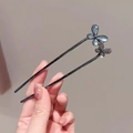 Épingle à cheveux en U noire avec deux charmants papillons ornés de cristaux bleus - Papillon de Verre Scintillant (128#)