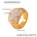Wide gold titanium steel ring with geometric Czech diamond patterns and polished finish - Gold Geometric Rhombus Style (A824)