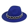 Close-up of royal blue wide-brim wool fedora hat featuring triple-row pearl embellishments - Royal Blue Fedora with Pearl Chain