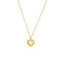Macro detail of heart pendant with iridescent shell inlay and golden lace border - Heart Shell Necklace (B505)