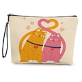 Canvas makeup bag with cartoon cats and heart print featuring black zipper and wristlet - Orange & Pink Cats Style (xy-086-1) / With Wrist Strap