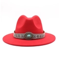 Detail of red fedora hat featuring ethnic patterned band and turquoise stone ornament - M (56-58cm) / Red