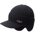 Winter thermal knitted trapper hat for men and women with earflaps and brim in black color - Thick Double Layer (Non-Fleece) Knitted Earflap Hat - Black