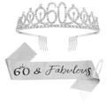 Detailed view of silver 60th birthday tiara set with glitter sash and pearl pin - 60 Years Old Silver (Tiara And Silver Sash And Pin)