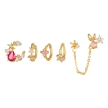 Pink flower and butterfly zircon earring set with gold finish and red teardrop stones - TZ00128 Gold - Red Moon Flower Butterfly 5-Piece Set