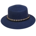 Dark blue wide brim straw hat with flat top and stylish gold chain accessory - Thick Chain Decor Band Style (300G)
