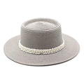 Detail of grey-brown straw sun hat featuring elegant white pearl bead trim and fine weave - M (56-58cm) / Gray
