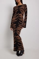 Slim fit brown and black tiger print knitted maxi dress with long flared sleeves - S / Brown Irregular Pattern