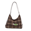 Brown plaid tote bag with cute cartoon dog embroidery and long shoulder straps - Grey Background Blue Stripe Dog