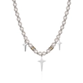Hip hop pearl necklace with metallic silver crosses and rhinestone accents on white surface - 45+5cm Pearl Cross Style / Silver
