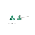 Macro detail showing 4mm cluster stud earrings with three green zircon gems in S925 silver - White Gold Plated 925 Silver - Emerald Green Zirconia