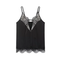 Sexy black satin camisole with lace trim and deep V-neckline in a flat lay view - XS / Black