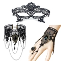 Gothic black lace jewelry set including mask, choker, and hand chain with ring - Set 2