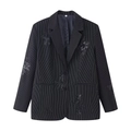 Women's black striped blazer set with floral sequin embroidery on white background - S / Black Top