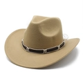 Close-up of wide brim felt fedora with brown leather band and white woven detailing - M (56-58cm) / Camel