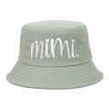 Close-up of white mimi letter embroidery and heart detail on green cotton bucket hat - Adjustable / Azure Blue