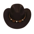 Dark brown felt cowboy hat for men and women featuring a woven wooden bead decorative band - M (56-58cm) / Coffee (168-A)