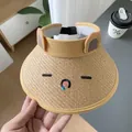 Child sun visor hat with fan and cartoon animal ears in yellow woven texture - Straw Woven Style / 眯眯眼 Straw Hat-Khaki