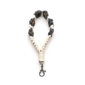Handmade woven flower keychain lanyard in grey and white cotton with metal spring clasp - Wristband Style / Antique Bronze Keychain / Gray