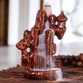 Ceramic backflow incense burner with mountain tower design and brown glazed finish - Deep Clouds Like a Dream