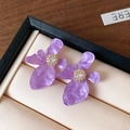 Detailed macro view of purple flower earrings with gold center and sparkling crystals - 72# Silver Earring Post - Purple Resin Petal Gold Rhinestone