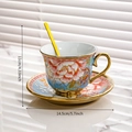 Detailed view of luxury ceramic tea set with elegant peony floral patterns and gold spoons - 1 Cup + 1 Saucer + 1 Spoon / Rose Red