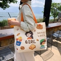 Off-white canvas tote bag with orange straps and cute cartoon illustrations - Curly Hair Girl