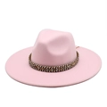 Detailed texture of pink felt fedora with a colorful woven geometric pattern hatband - M (56-58cm) / Pink