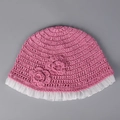 Close-up of handmade crochet bucket hat featuring sequins and floral lace details - M (56-58cm) / Pink