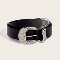 Vintage black leather belt with sparkling rhinestone buckle and metallic loop for women - Black