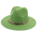 Close-up of lime green straw jazz hat decorated with a chunky gold acrylic chain. - One Size / Green