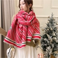 Elegant red and gray striped scarf with rose patterns in a warm winter setting - Striped Camellia-Red