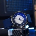 Close-up of OURSTART quartz watch featuring blue silicone strap and large blue dial numbers - White Dial Blue Strap