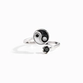 Minimalist S925 sterling silver Tai Chi open ring with black gemstone and enamel - US Size 7 Adjustable / Black and White