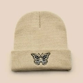 Minimalist beige knitted beanie with butterfly embroidery for autumn and winter warmth - Butterfly Embroidery / Beige