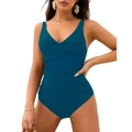 Detail of teal one-piece swimsuit featuring mesh patchwork and pleated deep V-neckline - S / Malachite green