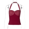 Detail view of red polka dot halter top with tie-neck design on transparent mannequin - S / Burgundy
