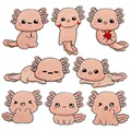 Close-up of 8 cute pink axolotl cartoon embroidery patches with different expressions - Cartoon Animal Patch Combo