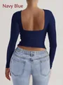 Navy blue Y2K slim fit long sleeve top for women featuring a stylish open back design - S / Navy Blue