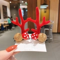 Pair of red reindeer antler hair clips with mushroom and gold ball decor on white card - 22# Red Antler Clip with Mushroom & Golden Ball