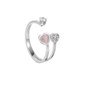 Bague ouverte argentée avec gemme de cœur rose et cristal rond de style minimaliste - Argent (R822-01)